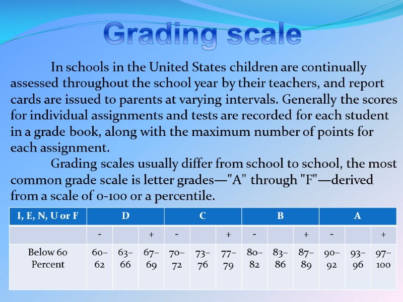 Grading scale  In schools in the United States children are continually assessed throughout